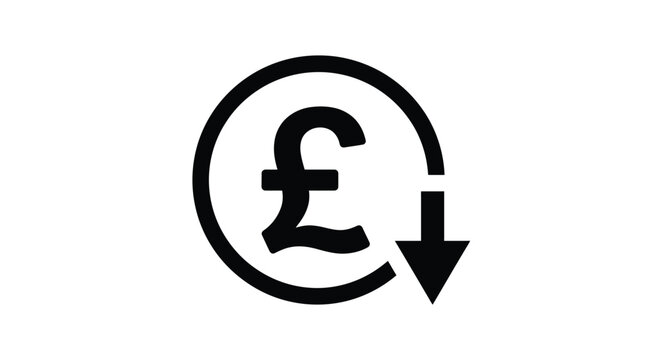 Pound currency symbol vector graphic illustration featuring downward trend arrow indicating financial decline