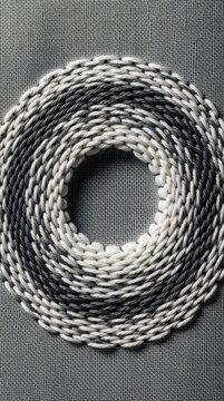 Macro top view of concentric circles made from braided thread. Pattern of white, black textile stitching on grey fabric background. Minimalist repair detail shows circular sewing work on torn