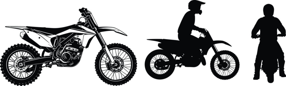 Set of black and white motocross dirt bike and rider silhouettes isolated on white background vector illustration