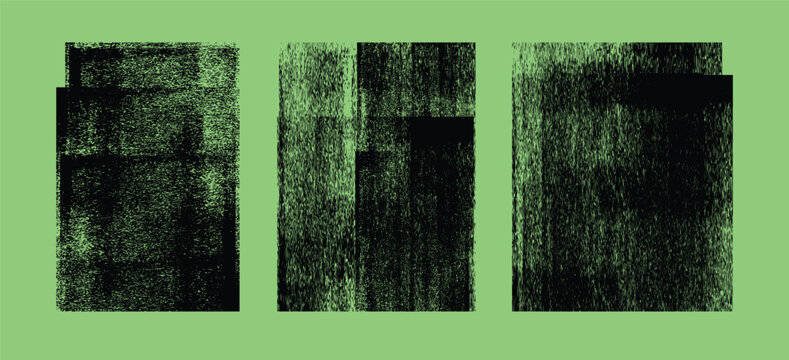 Grunge printmaking texture set on light green background with rough texture. . Distressed black rectangle shapes with retro linocut stamp effect.