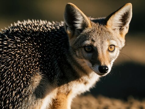 Hybrid animal with jackal face, hedgehog spines. Mutant creature shows canine features mixed with sharp quills. Surreal digital art of fantasy beast chimera mammal. Strange biological deviation with