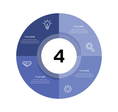 Pie chart infographic with 4 segments, workflow and strategy concept, blue vector.