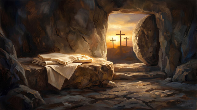 Serene depiction of ancient cave with stone steps leading to three crosses illuminated by warm sunset or dawn light symbolizing
