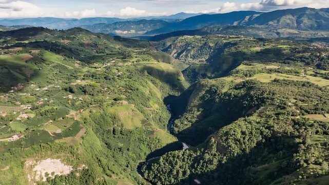 Magdalena River Canyon through Green Andean Mountains in Colombia. Time Lapse. Establishing Shot. Aerial View.