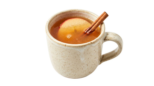 Warm apple cider with cinnamon and apple slice in rustic mug on a transparent background