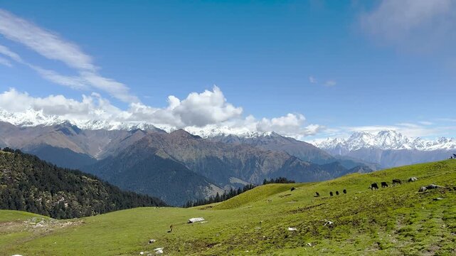 Panoramic View of Nanda Devi Mountain Range Footage from Rudranath Trek, Uttarakhand, India.