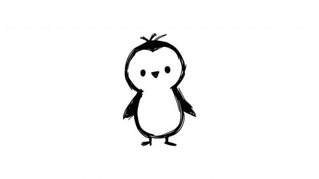 Penguin Character For Wildlife Education And Children'S Media Doodle Animation. Seabird Mascot And Antarctic Animal. 4K Video Loopable Overlay Element. Hand-Drawn Animated Icon With Alpha Channel.