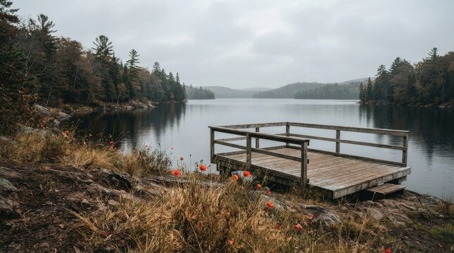Wooden observation deck overlooks tranquil wilderness lake on overcast autumn day with dark pines and wild red poppies.