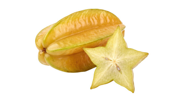 Whole and sliced starfruit on a transparent background