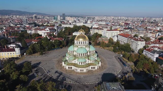 Drone shot of Alexander Nevsky Cathedral in Sofia city, Bulgaria