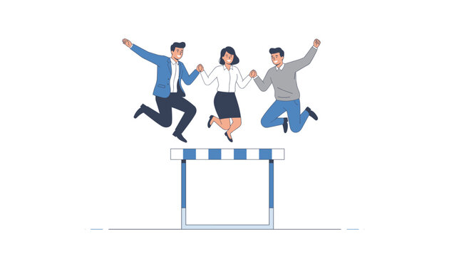 Three business professionals holding hands and joyfully jumping together over a blue and white hurdle barrier.