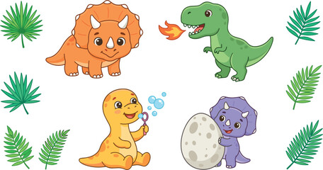 Cute cartoon baby dinosaurs vector illustration set featuring friendly triceratops tyrannosaurus rex egg palm leaves isolated on white background © Leon