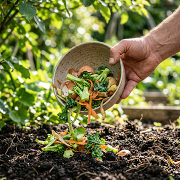 Person dumping food scraps into a garden soil bed for composting.