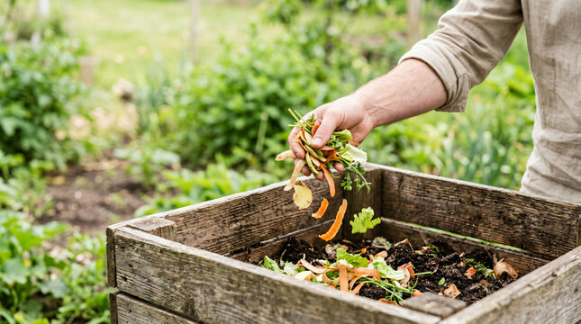 Person putting organic food scraps into a wooden compost bin in a vegetable garden.