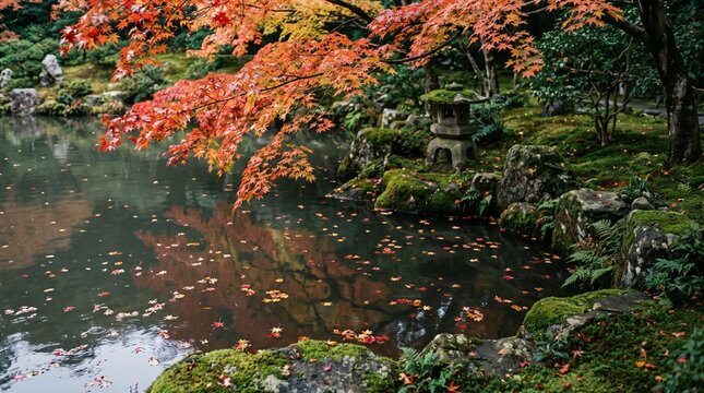 真っ赤なモミジが映る紅葉の日本庭園の池