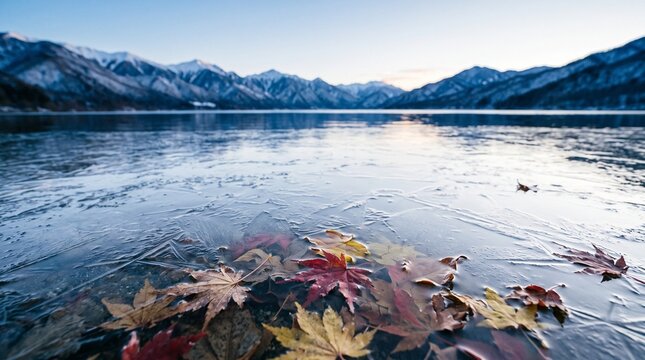 湖畔の薄氷に閉じ込められた紅葉の落ち葉と雪山