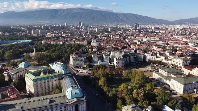 Aerial view of Sofia cityscape and Vitosha mountain, Bulgaria