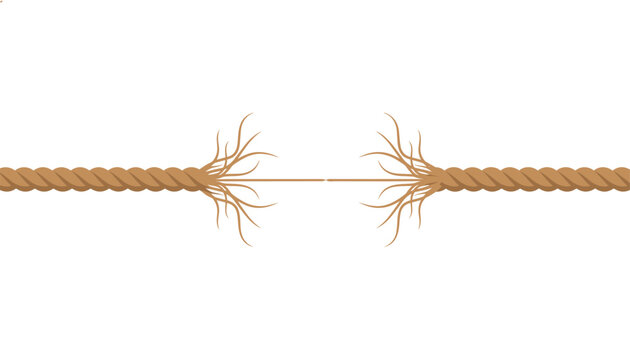 Thick brown rope snaps in half with frayed ends and broken fibers representing weakness or failing strength.