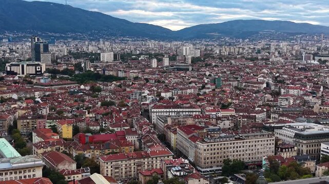 Drone view of Sofia cityscape with Vitosha mountain, Bulgaria
