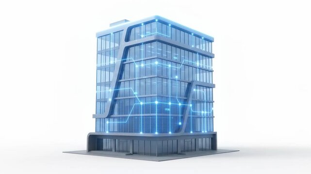 A modern commercial skyscraper glowing with digital IoT network lines, symbolizing smart commercial real estate, PropTech, automated building management systems, and intelligent urban architecture.