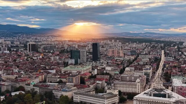 Aerial view of Sofia cityscape skyline at sunset, Bulgaria