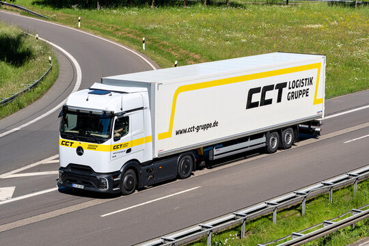 Wiehl, Germany - May 26, 2026: CCT Logistik Mercedes-Benz Actros truck with box trailer on motorway