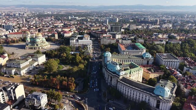Flight over landmarks in Sofia city center, Bulgaria