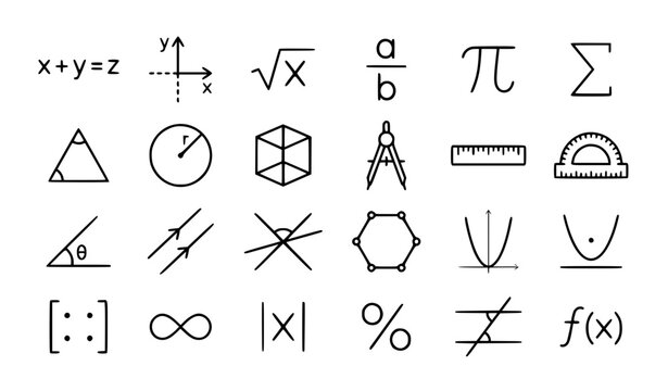 Minimal Mathematics and Geometry Outline Icons Set with Editable Line Strokes