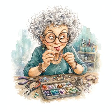 Funny Grandma Threading a Tiny Bead with Tongue Poking Out
