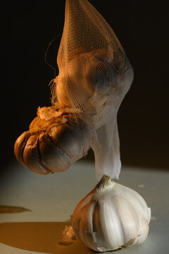 Fine art still life of garlic bulbs, with one hanging inside a white mesh bag under a warm dramatic spotlight.