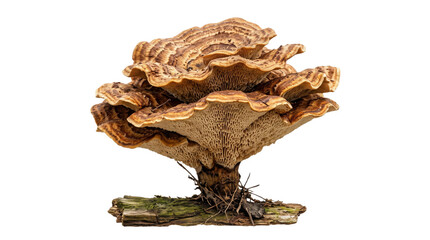 Fototapeta na wymiar Wild bracket fungus isolated on white background, brown shelf mushroom macro photography, natural polypore fungus specimen for botanical study