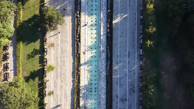 Top-down view of NDK (National Palace of Culture) fountains in Sofia, Bulgaria