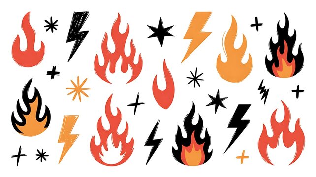 A collection of hand-drawn cartoon fire flames, lightning bolts, starbursts, and decorative spark symbols in vibrant red, orange, yellow, and black, isolated on a clean white background.