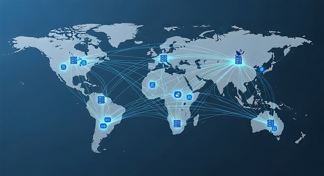 Global network connections with digital icons over world map background