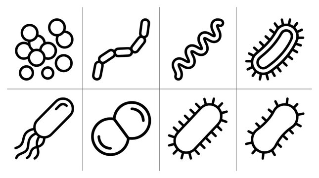Bacteria and microbe line icon set with various shapes and forms, science and medical symbol