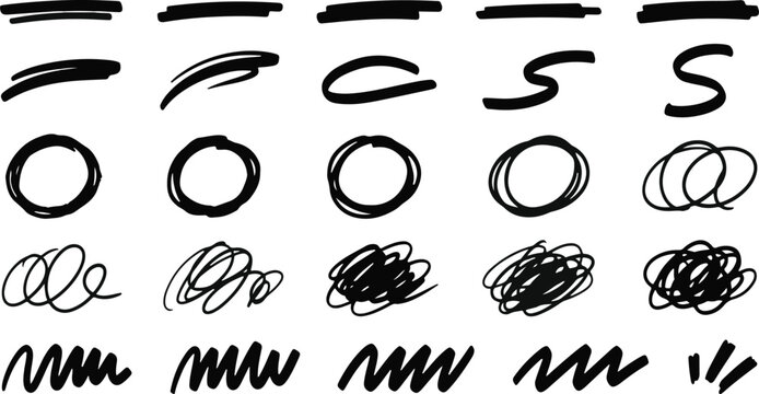 Collection of various hand drawn scribbles lines circles and doodles in black ink on a white background