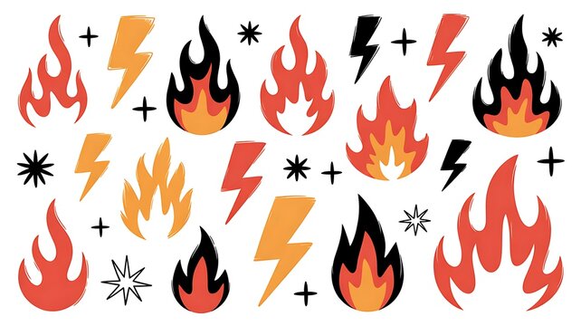 A collection of hand-drawn cartoon fire flames, lightning bolts, starbursts, and decorative spark symbols in vibrant red, orange, yellow, and black, isolated on a clean white background.