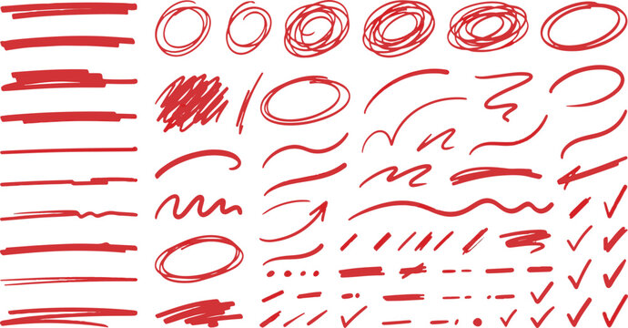 A collection of various hand drawn red lines scribbles arrows and circular shapes on white paper