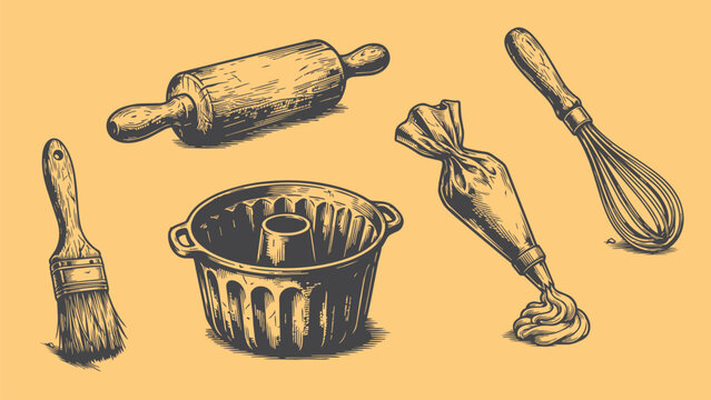 bakery utensils and pastry making tools hand drawn artboard set of 5 rustic vector collection, vintage carved style whisk piping bag and pan illustrations for baking design