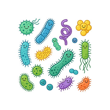 Collection of Cute Cartoon Bacteria and Microbes.