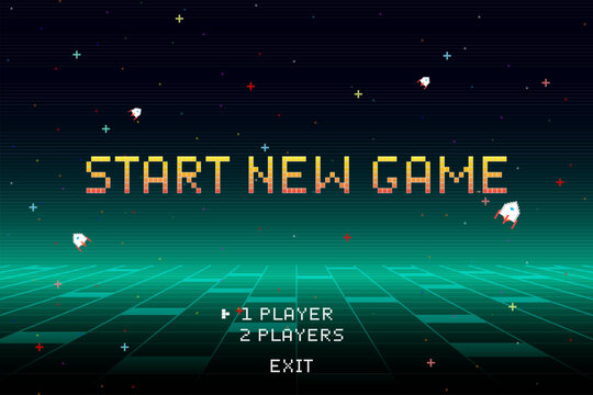 Start new game by selecting a player or exiting the retro game's main menu. Modern trendy game background with lighting effect. Vector illustration
