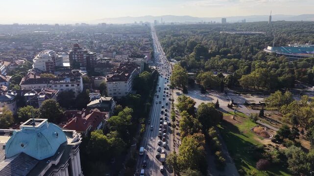 Aerial view of traffic on Tsar Osvoboditel Boulevard in Sofia city, Bulgaria