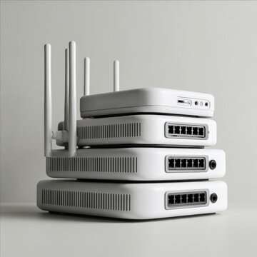 Stacked wireless routers with antennas, ethernet ports, and minimalist design, modern network equipment for high speed internet connectivity