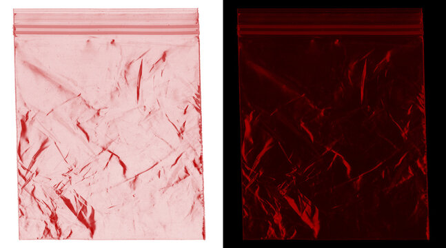 Red crumpled plastic zip bag texture, wrinkled poly baggie for graphic design, transparent red plastic storage bag on white and black background