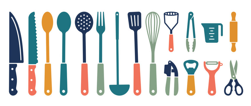 Colorful kitchen utensils and tools set. Vibrant cooking implements and gadgets isolated on white background. Spoons, forks, knives, whisks, ladles, scissors, peeler, grater, tongs, can opener,.