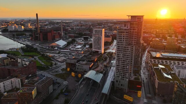 Sunset aerial view of Kalasatama district in Helsinki city, Finland