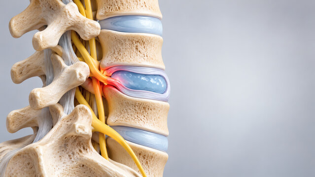 Herniated lumbar disc compressing spinal nerve root causing sciatica back pain and inflammation 3D medical spine anatomy concept
