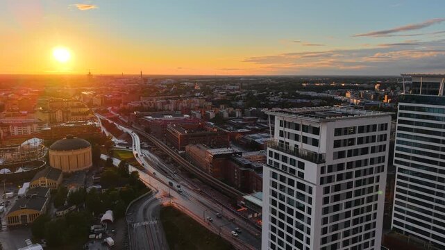 Sunset drone view of Kalasatama high-rise skyline in Helsinki city, Finland