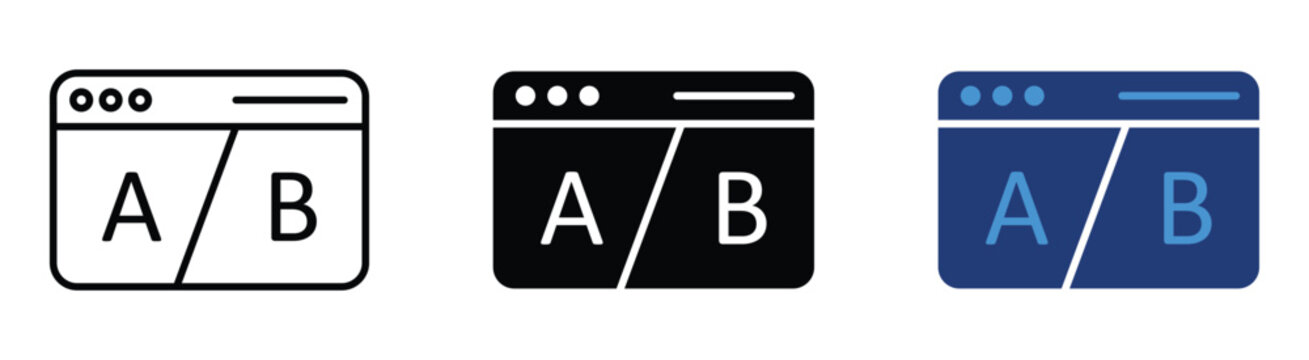 A/B Split Testing Webpage and Browser Interface Icons for Conversion Rate Optimization, Vector Line, Solid and Color Styles