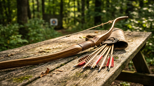 Traditional wooden recurve bow and leather quiver with arrows on a table